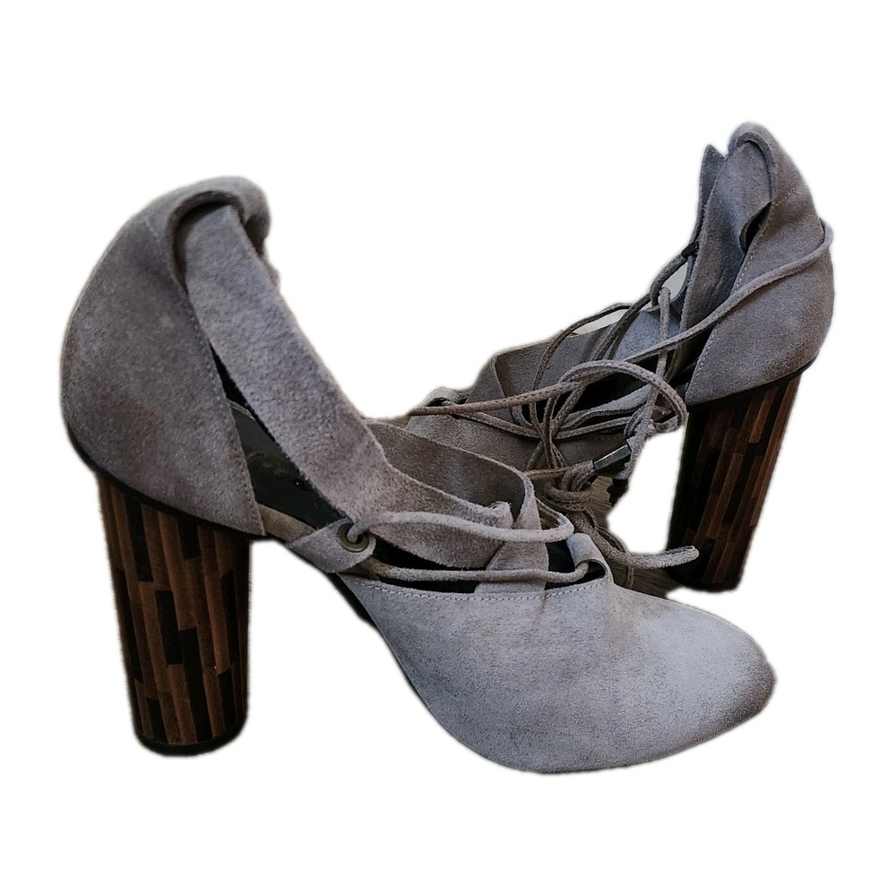 FREE PEOPLE Nouvella Suede Wrap Block Heel Shoes Grayish Beige Size 38 7.5 - Picture 4 of 9